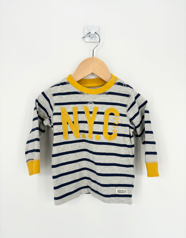 H&M - T-shirt gris rayé NYC jaune ML T.9/12 mois