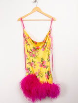 Blazy Shower - Robe soie jaune à fleurs roses et plumes T.S