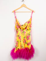 Blazy Shower - Robe soie jaune à fleurs roses et plumes T.S