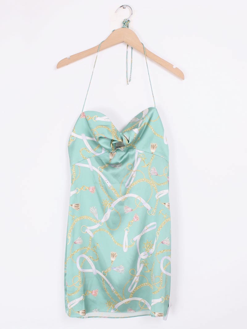 SER.O.YA - Robe courte soie verte motifs maillons T.XS