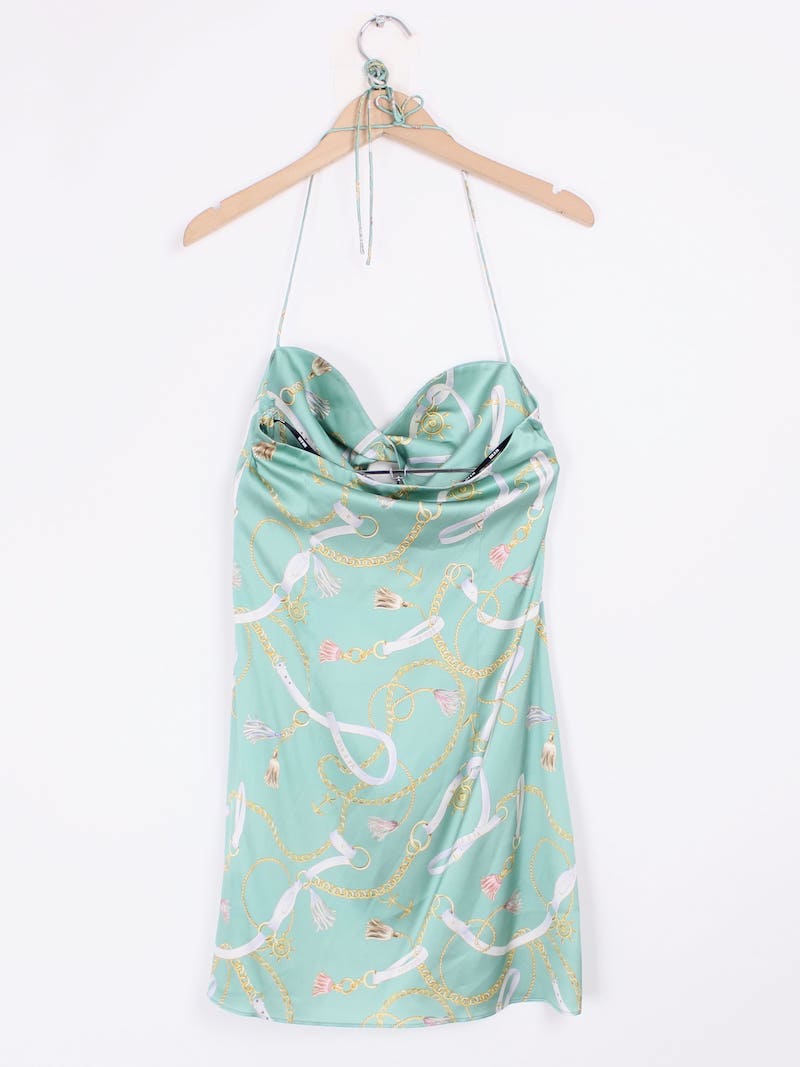 SER.O.YA - Robe courte soie verte motifs maillons T.XS