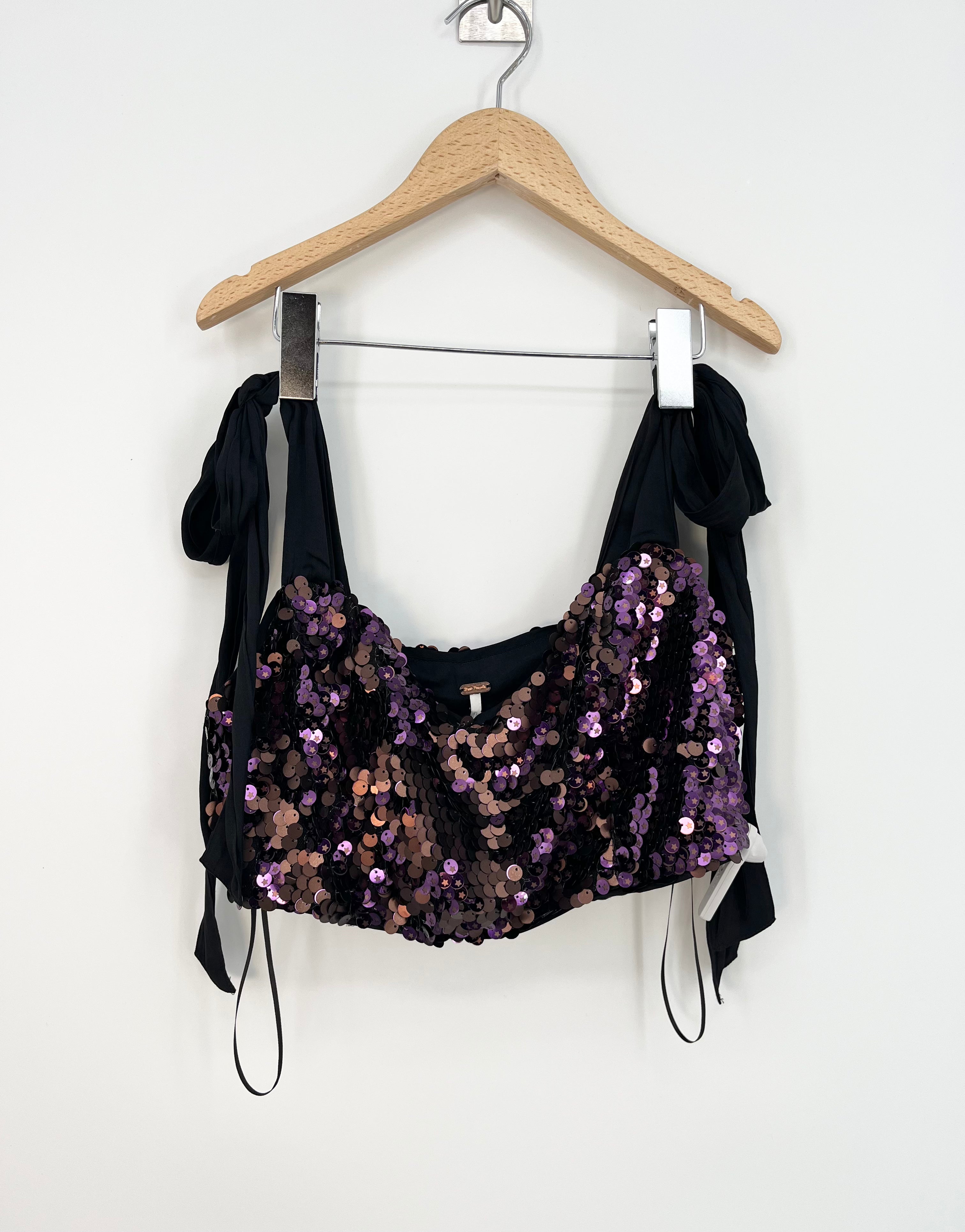 Free People - Brassière violette sequins bretelles en ruban noir T.M