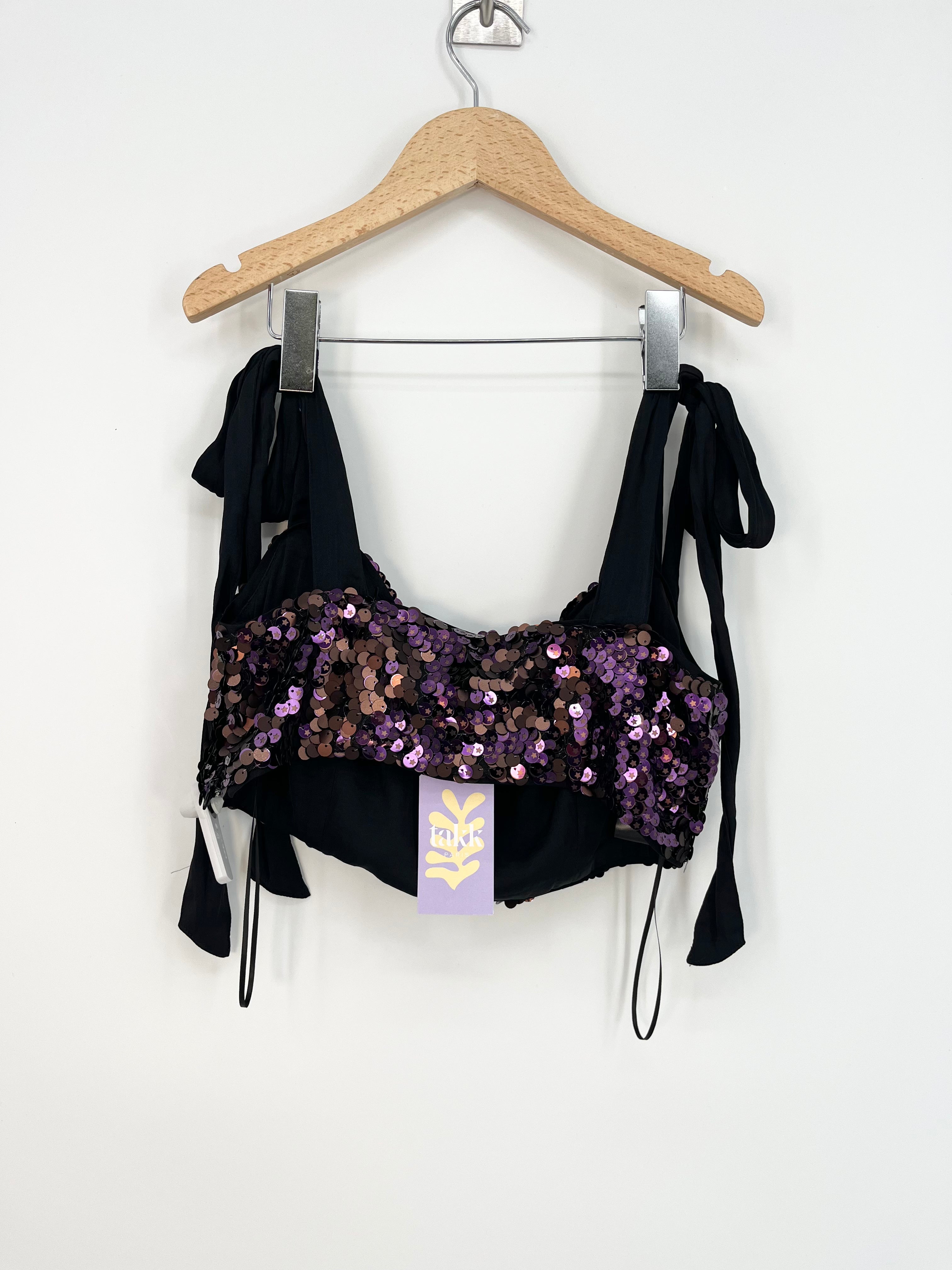 Free People - Brassière violette sequins bretelles en ruban noir T.M