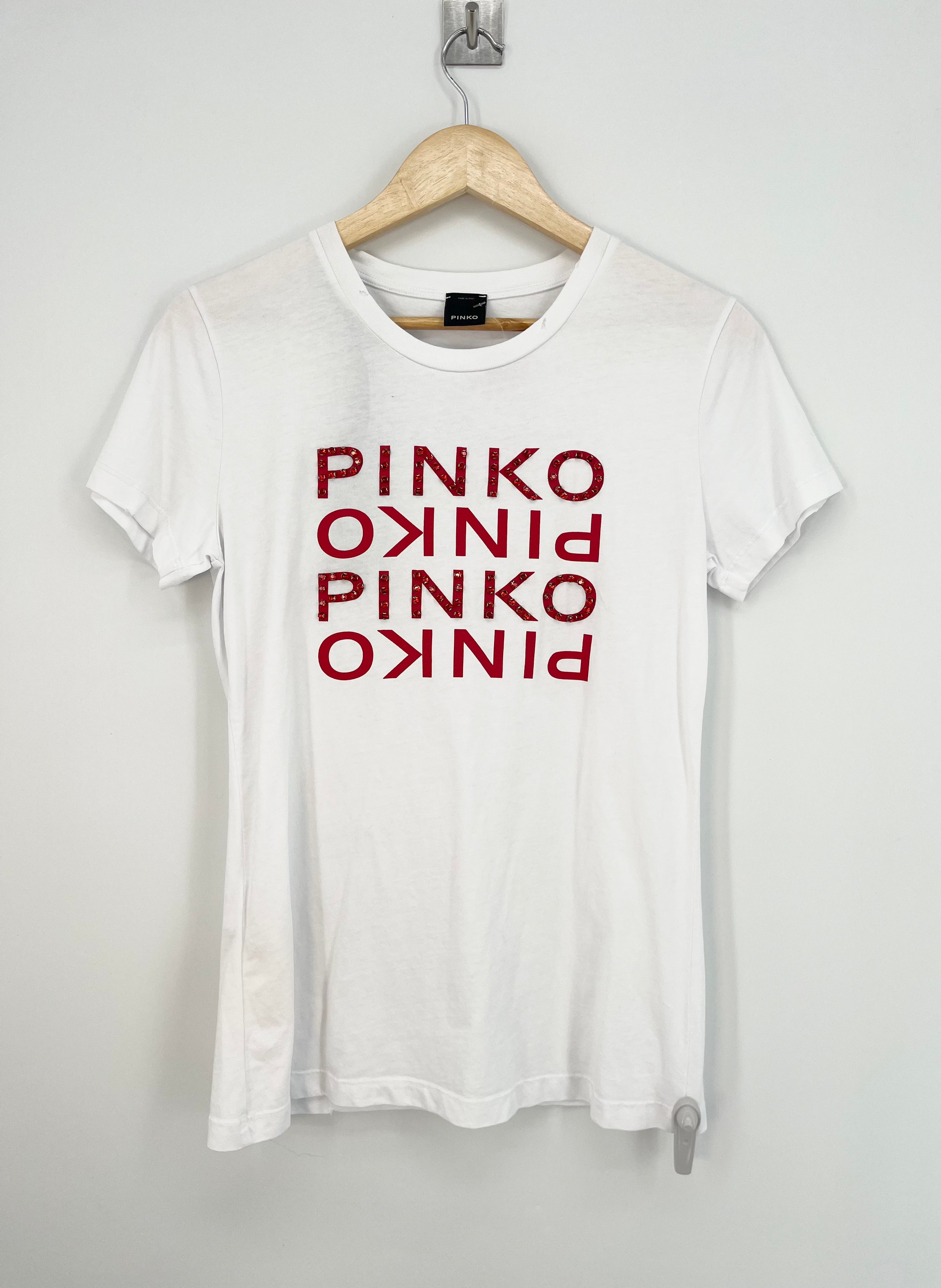 Pinko - T-shirt blanc logo Pinko en strass rouge neuf T.XS