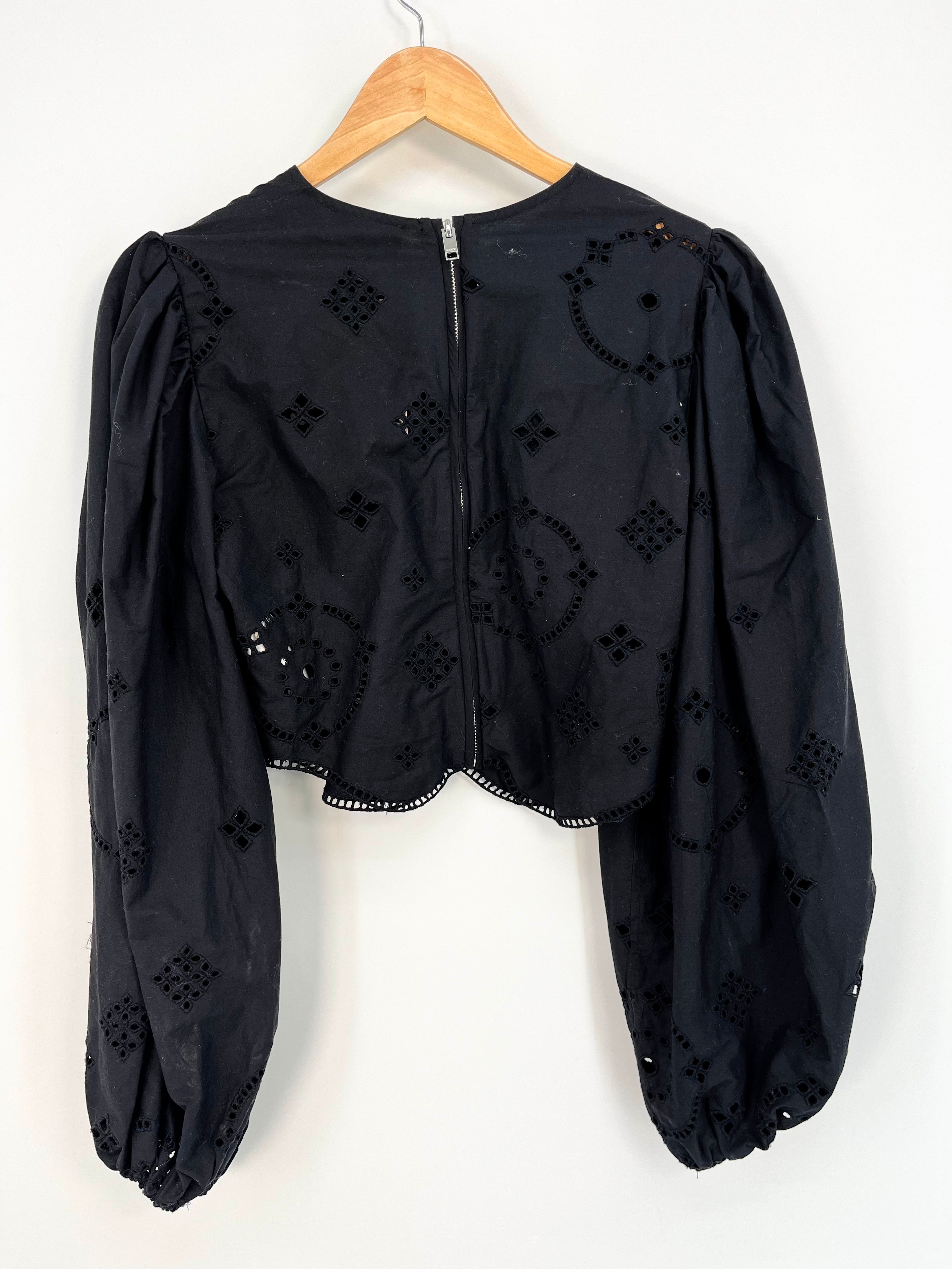 Ganni - Blouse noire manches bouffantes ajourées T.36