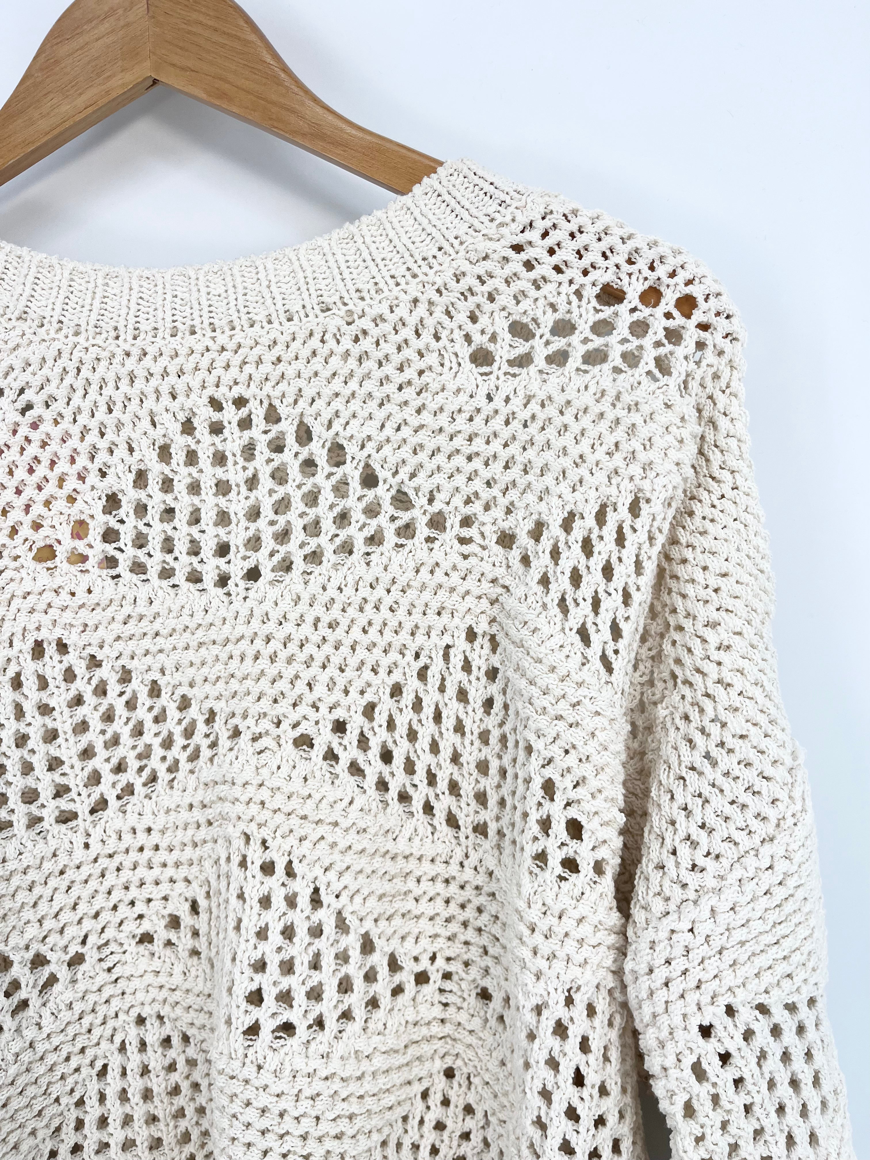 Promod - Pull beige crochet détail dentelle coton T.L