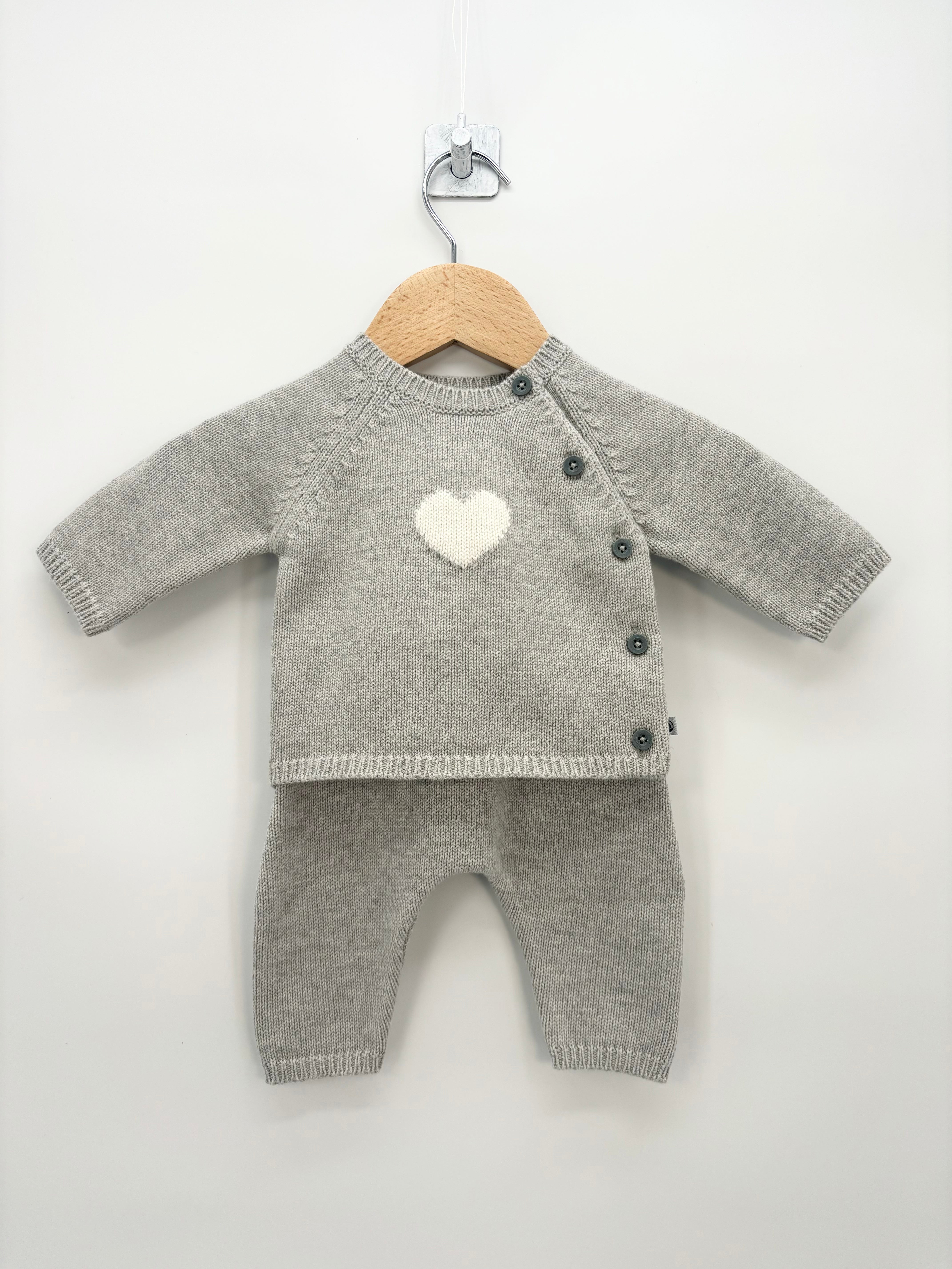 Petit Bateau - Ensemble maille gris coeur blanc neuf T.3 mois