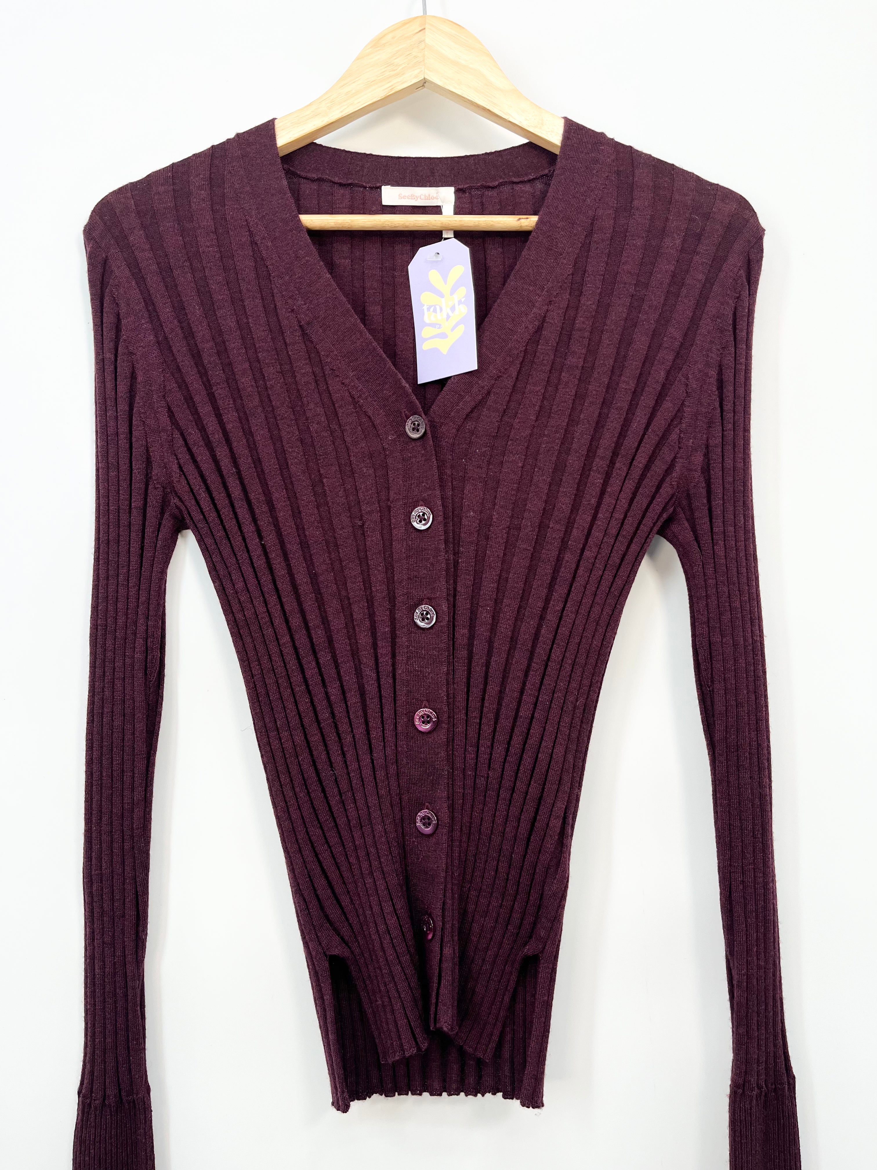 See by Chloé - Cardigan violet côtelé 95% coton 5% cashmere T.M