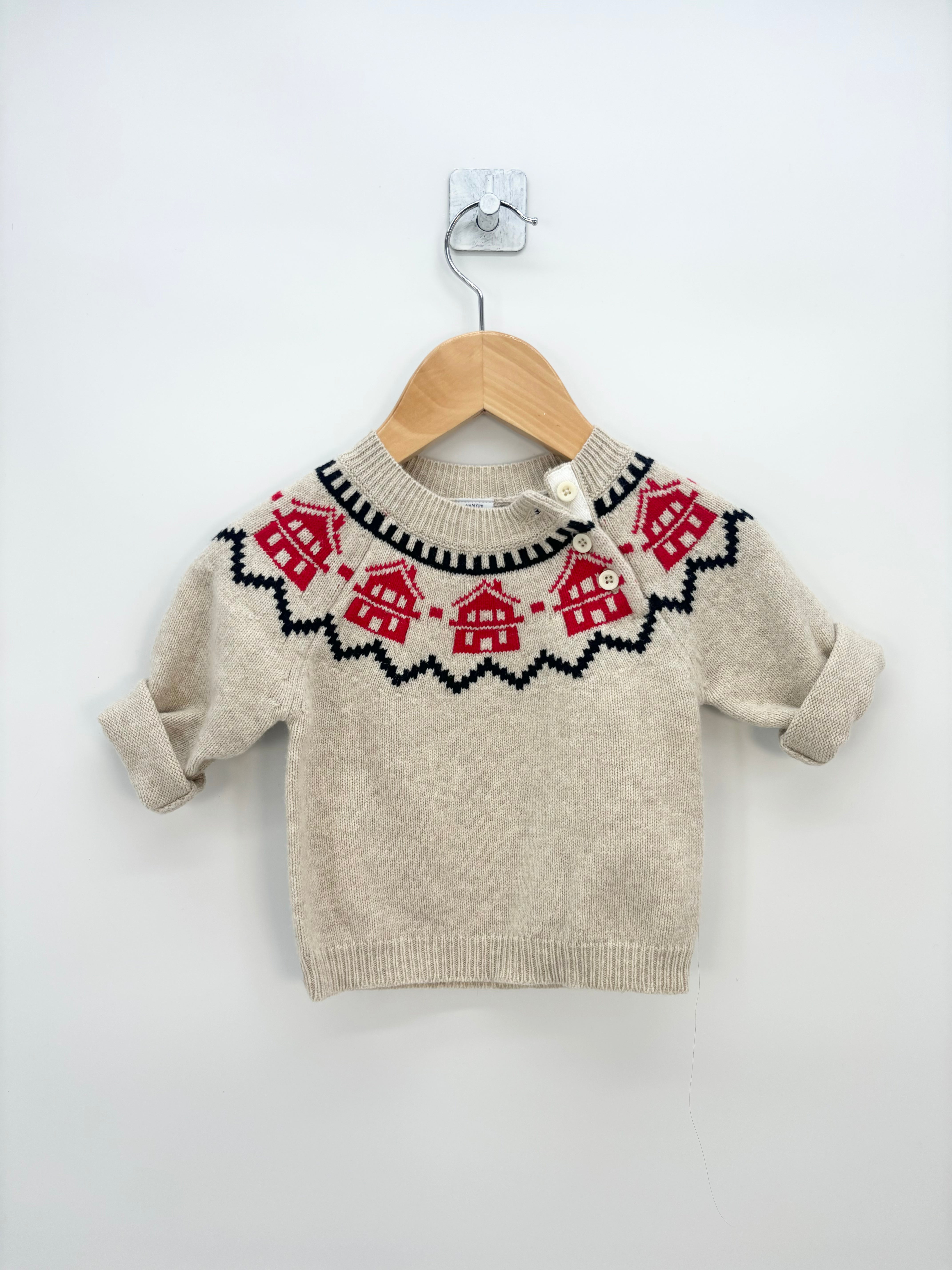 Petit Bateau - Pull beige maisons rouges T.6 mois