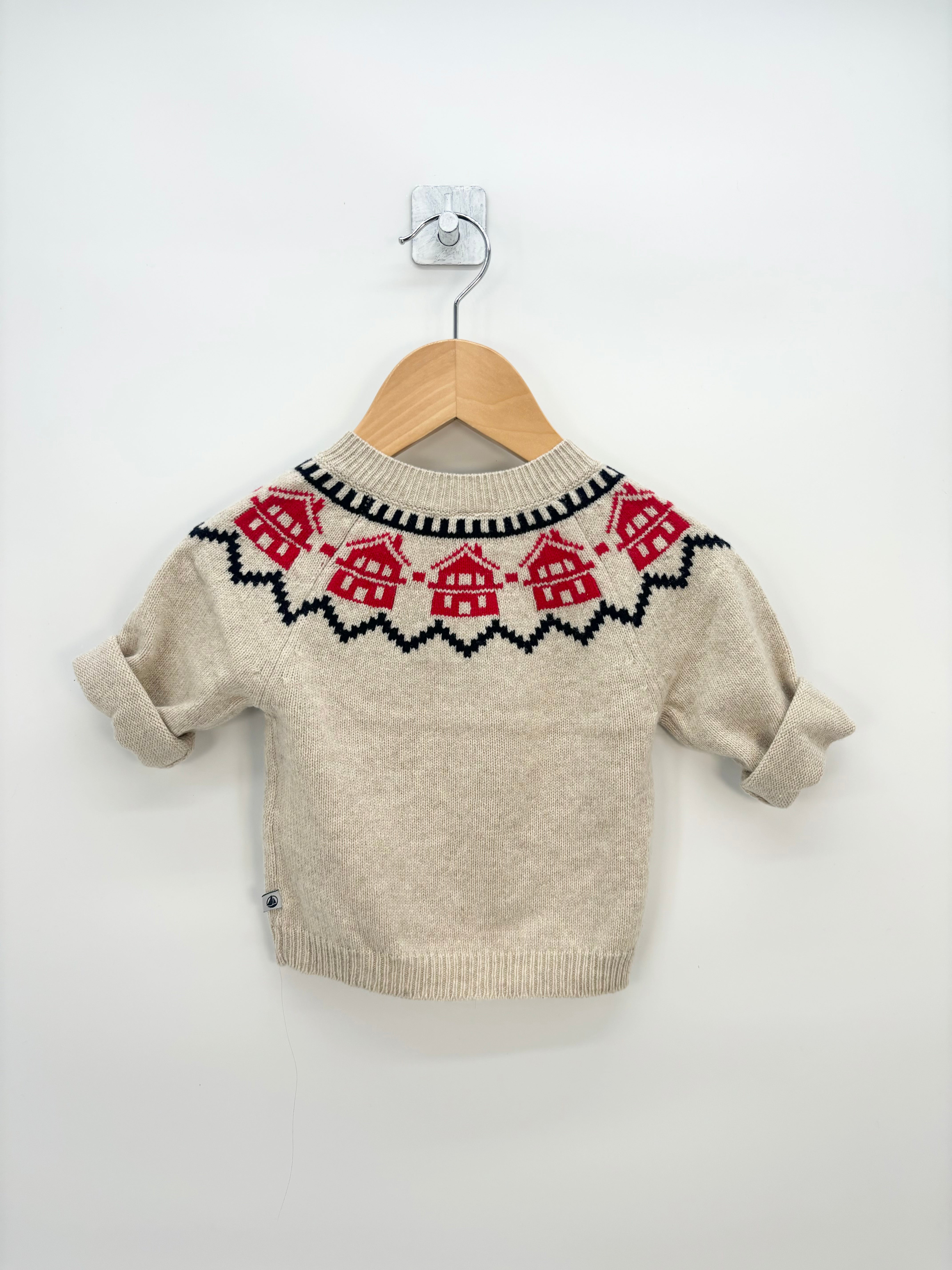 Petit Bateau - Pull beige maisons rouges T.6 mois