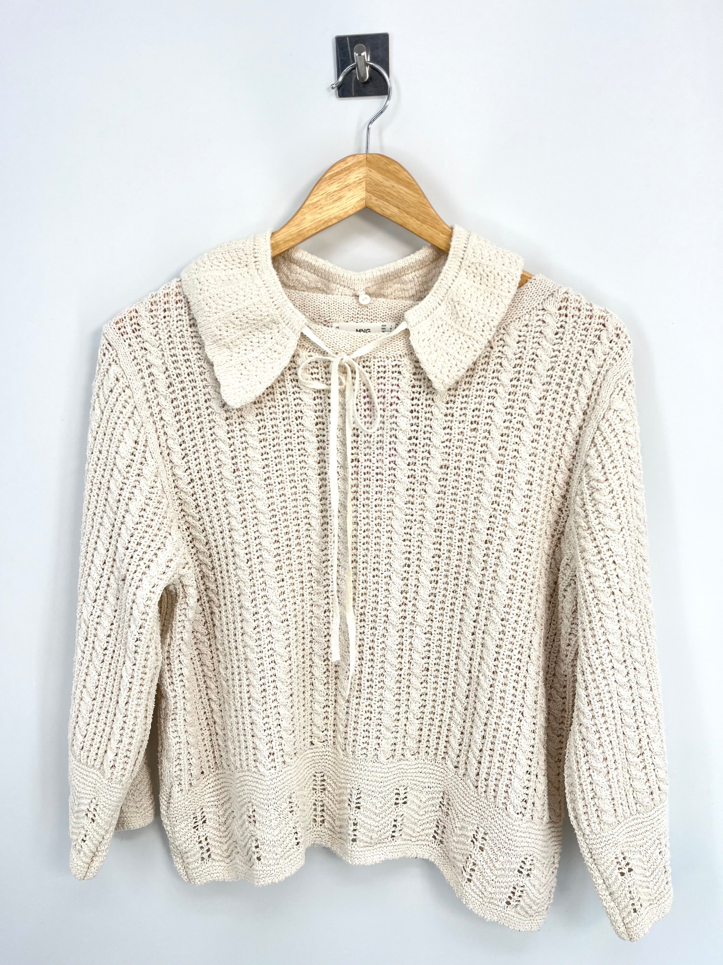 Mango - Top blanc en crochet avec col revers T.L