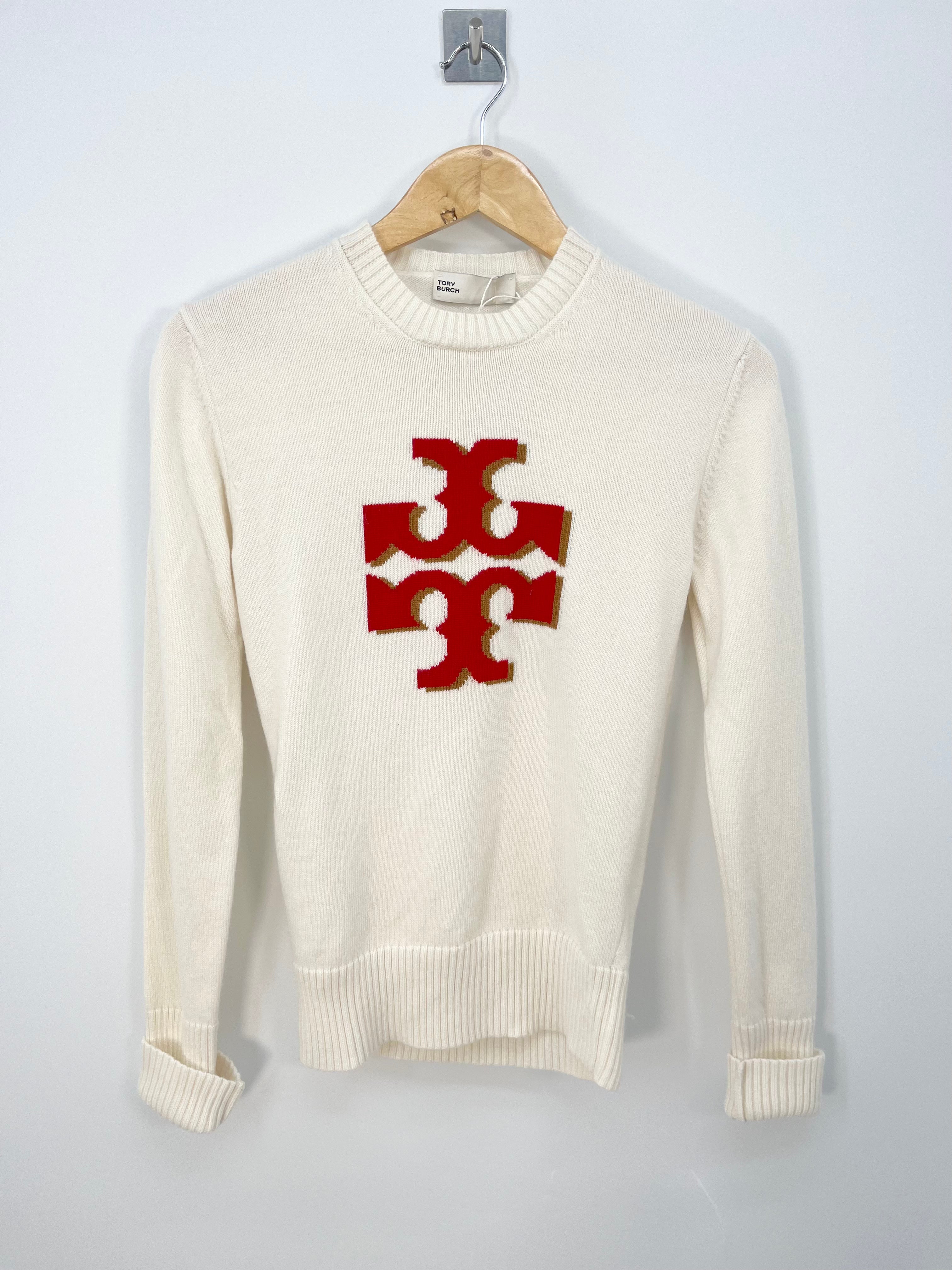 Tory Burch - Pull blanc logo rouge 100% cachemire T. S