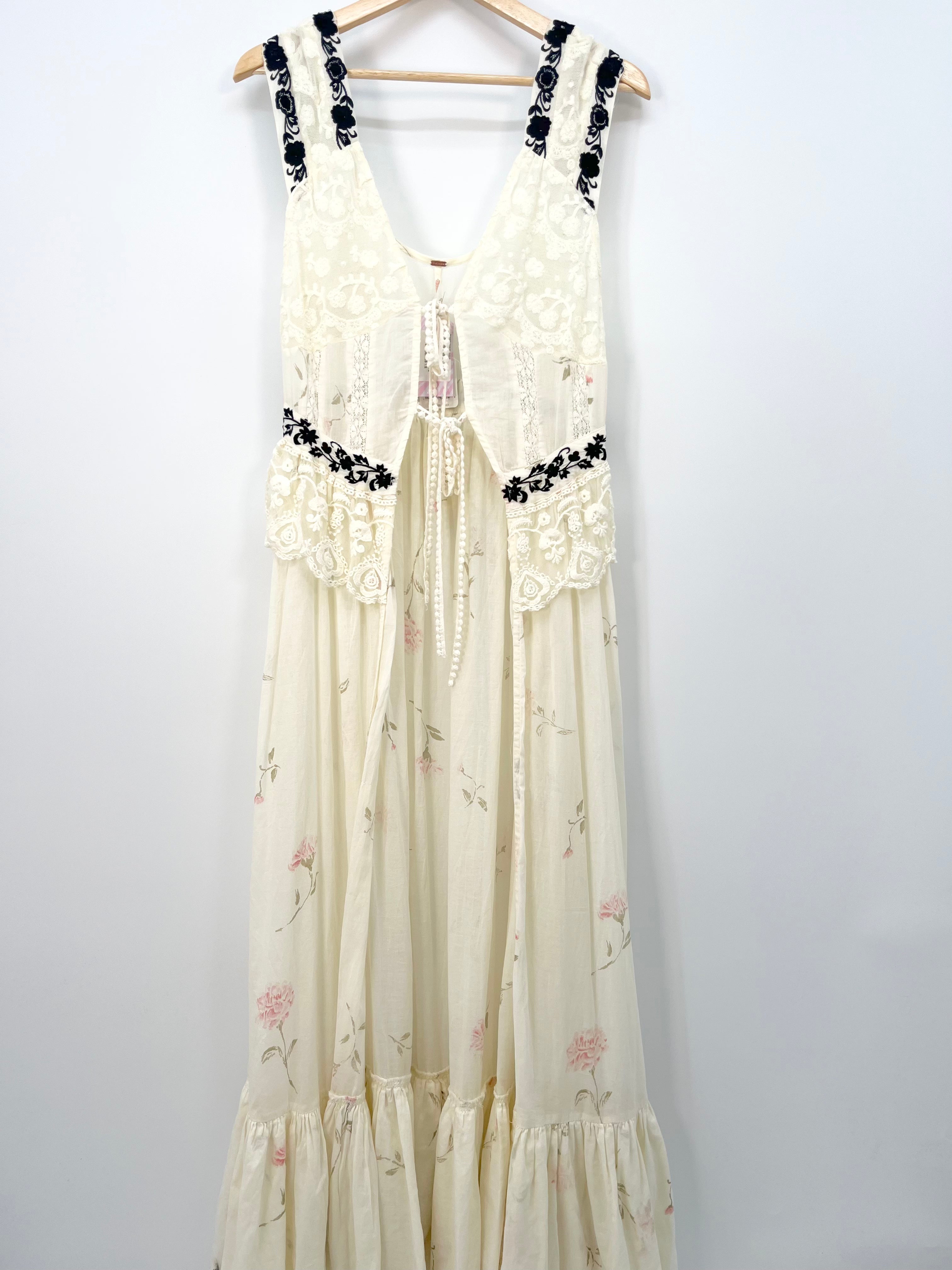 Free people - Robe kimono blanc longue SM broderies T.S