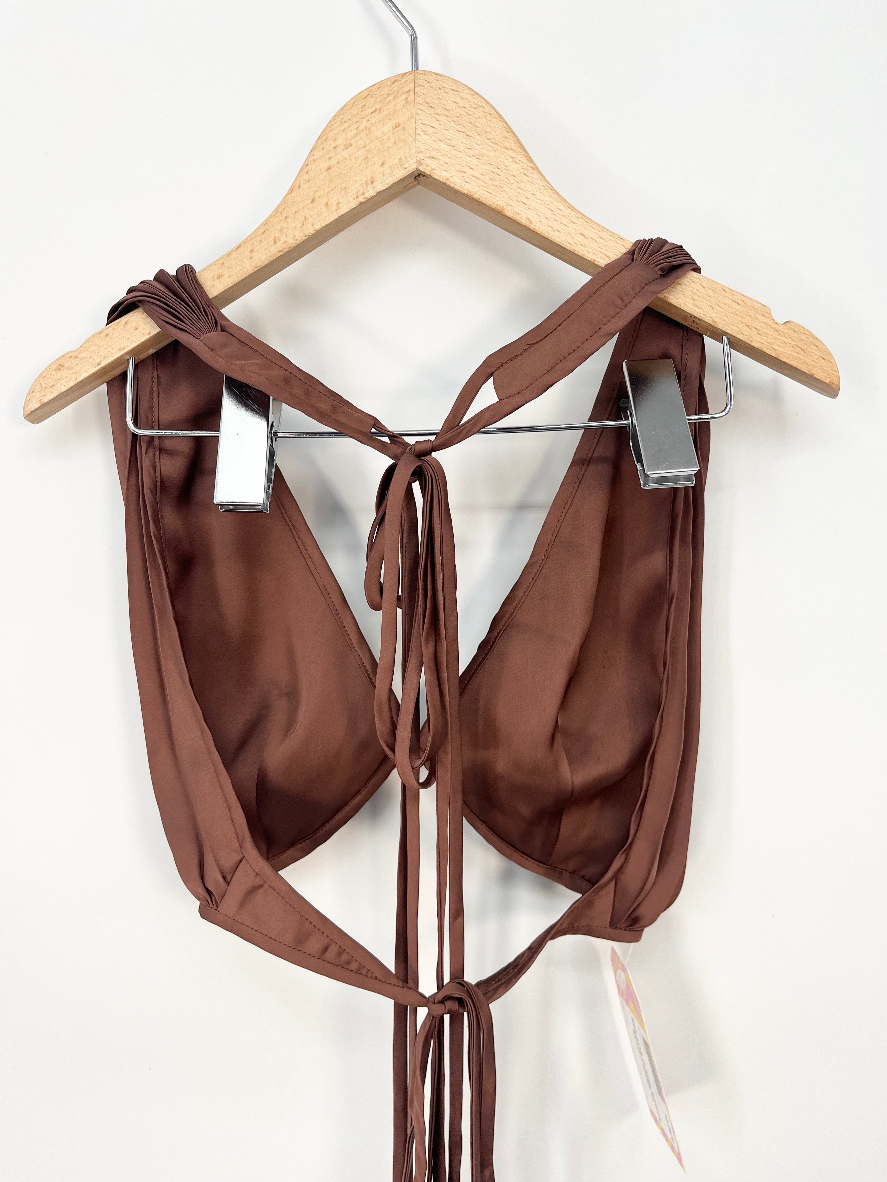 Bralette plisée marron satiné à nouer T.U