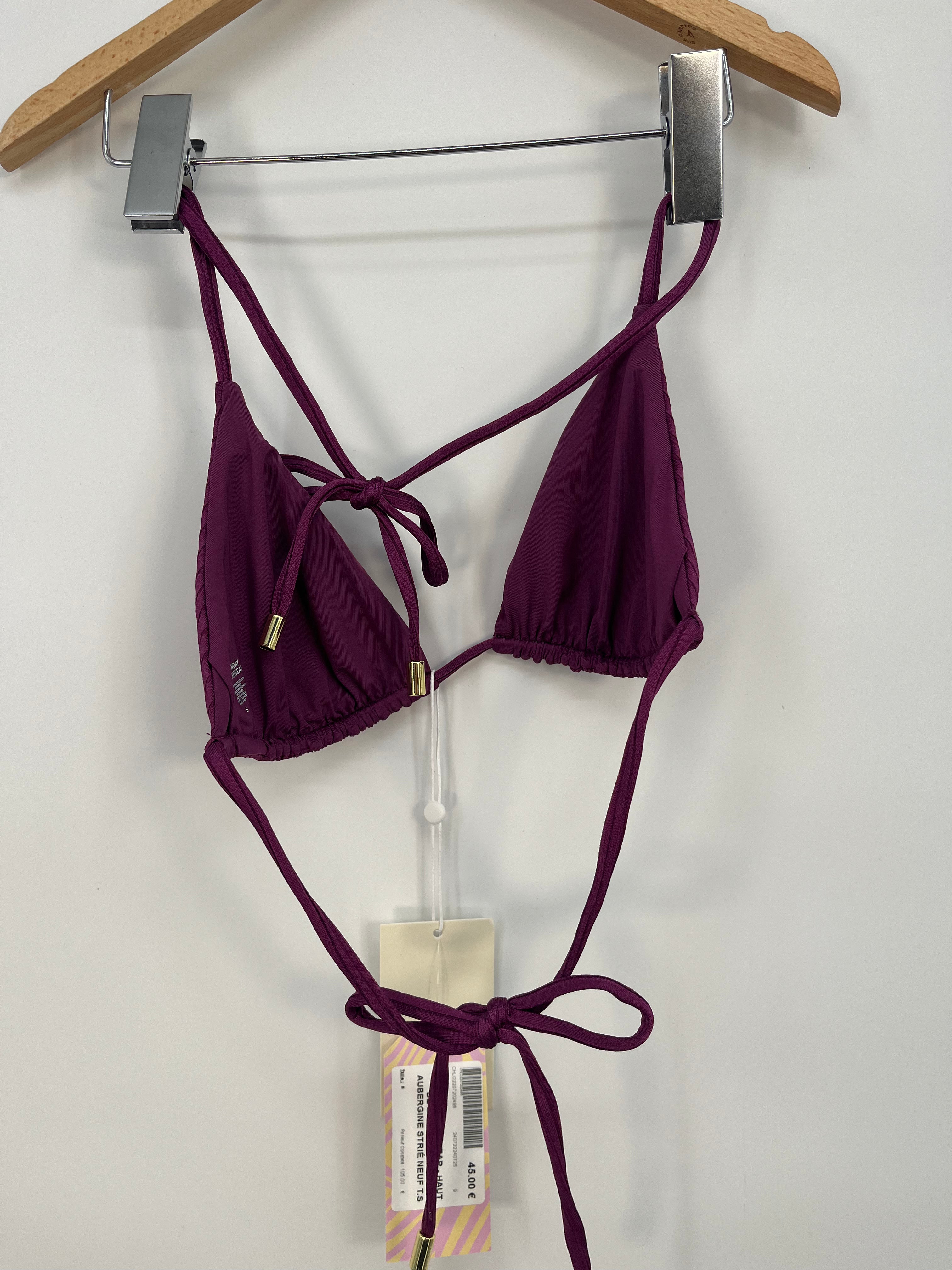 Monday Swimwear - Haut de bikini triangle aubergine strié neuf T.S