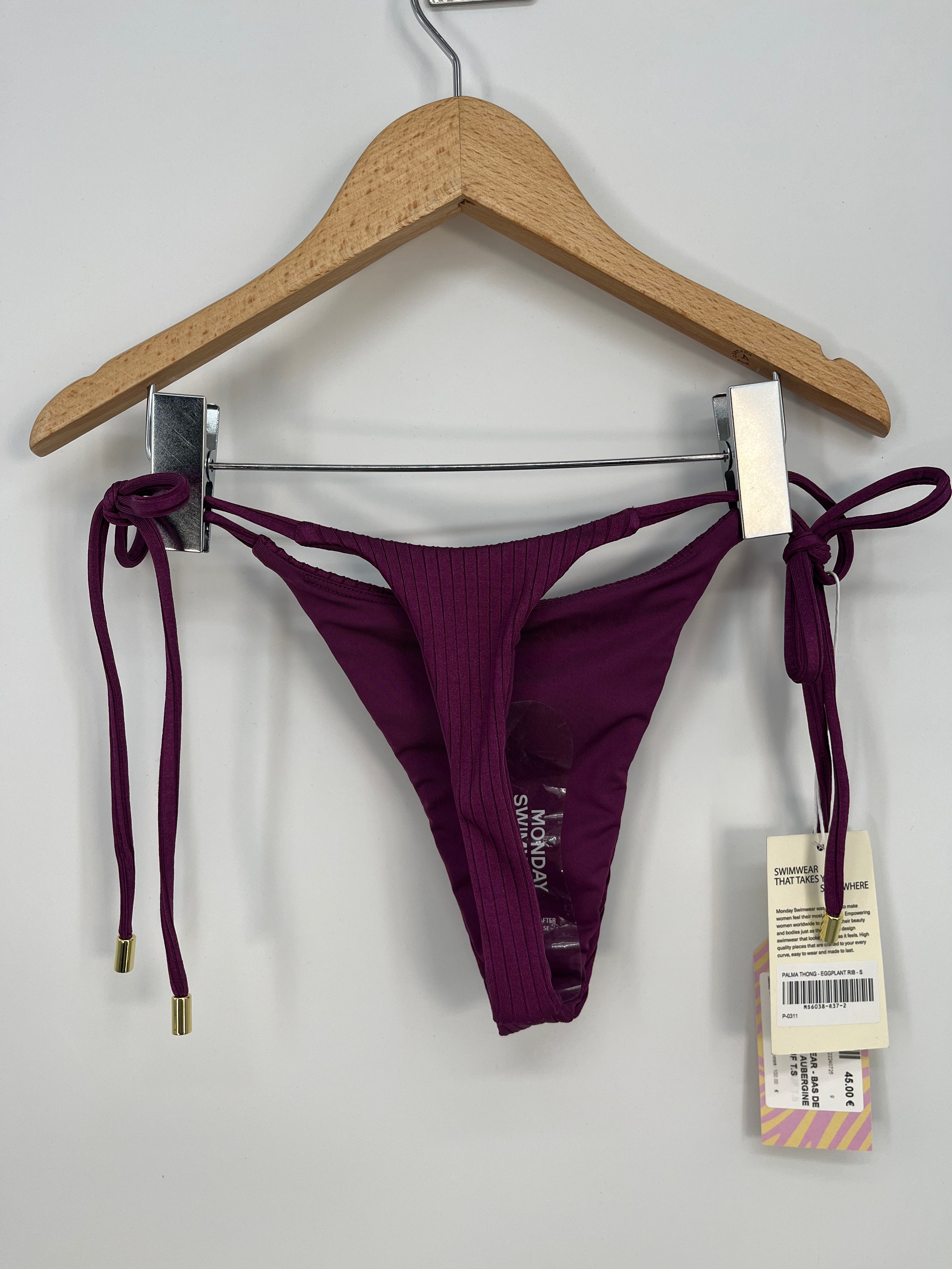 Monday swimwear - Bas de maillot string aubergine strié neuf T.S