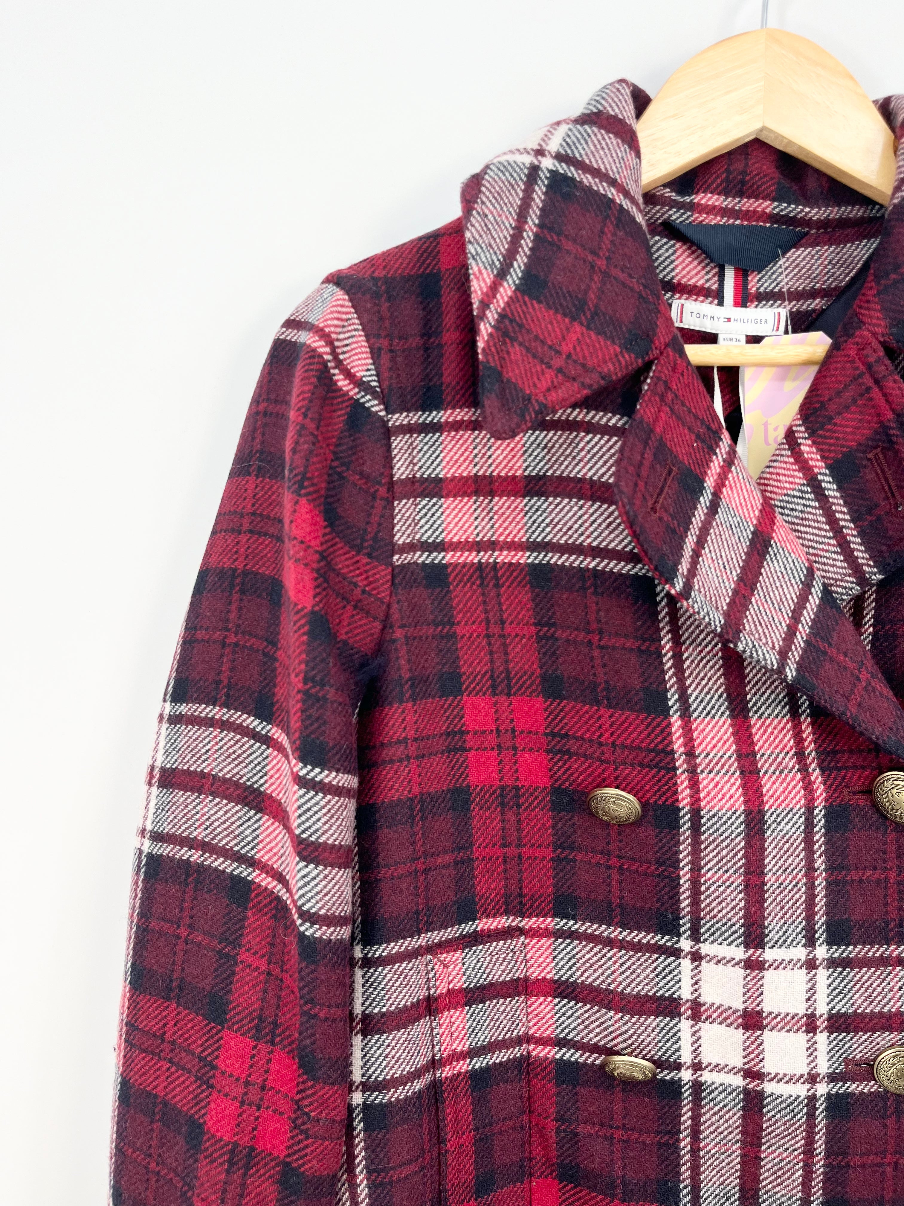 Tommy Hilfiger - Manteau caban tartan rouge et bleu marine T.36