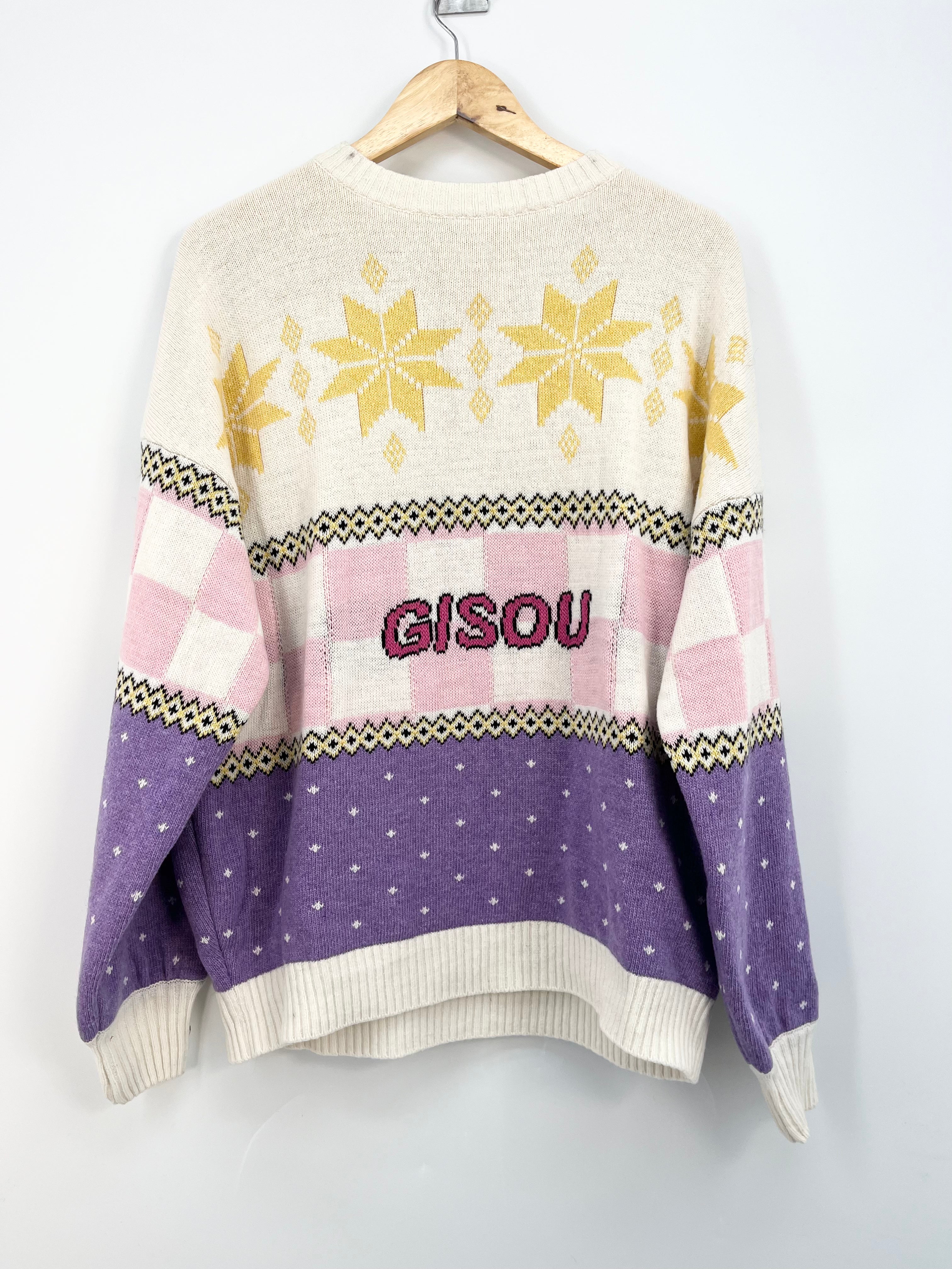 Gisou - Pull de noel blanc rose flocons jaunes T.U