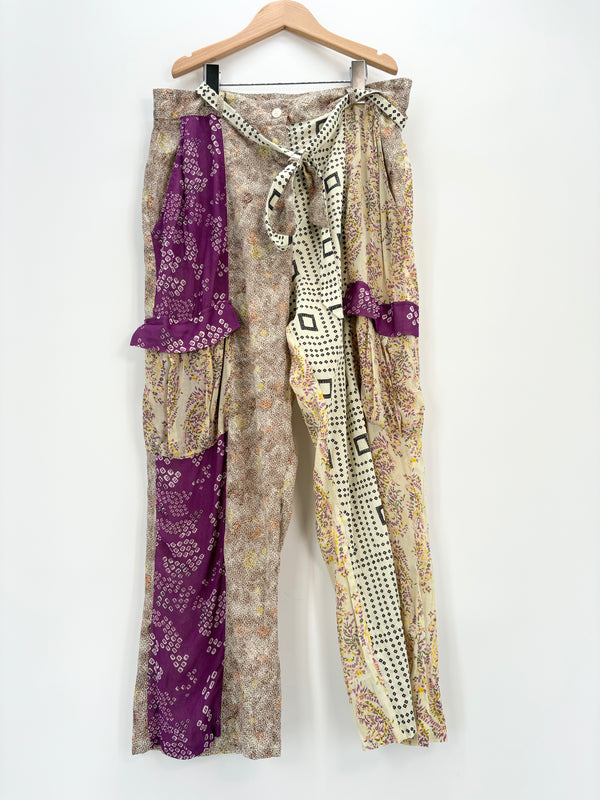 Zara - Pantalon fluide à nouer imprimés violets beige neuf T.XL-XXL