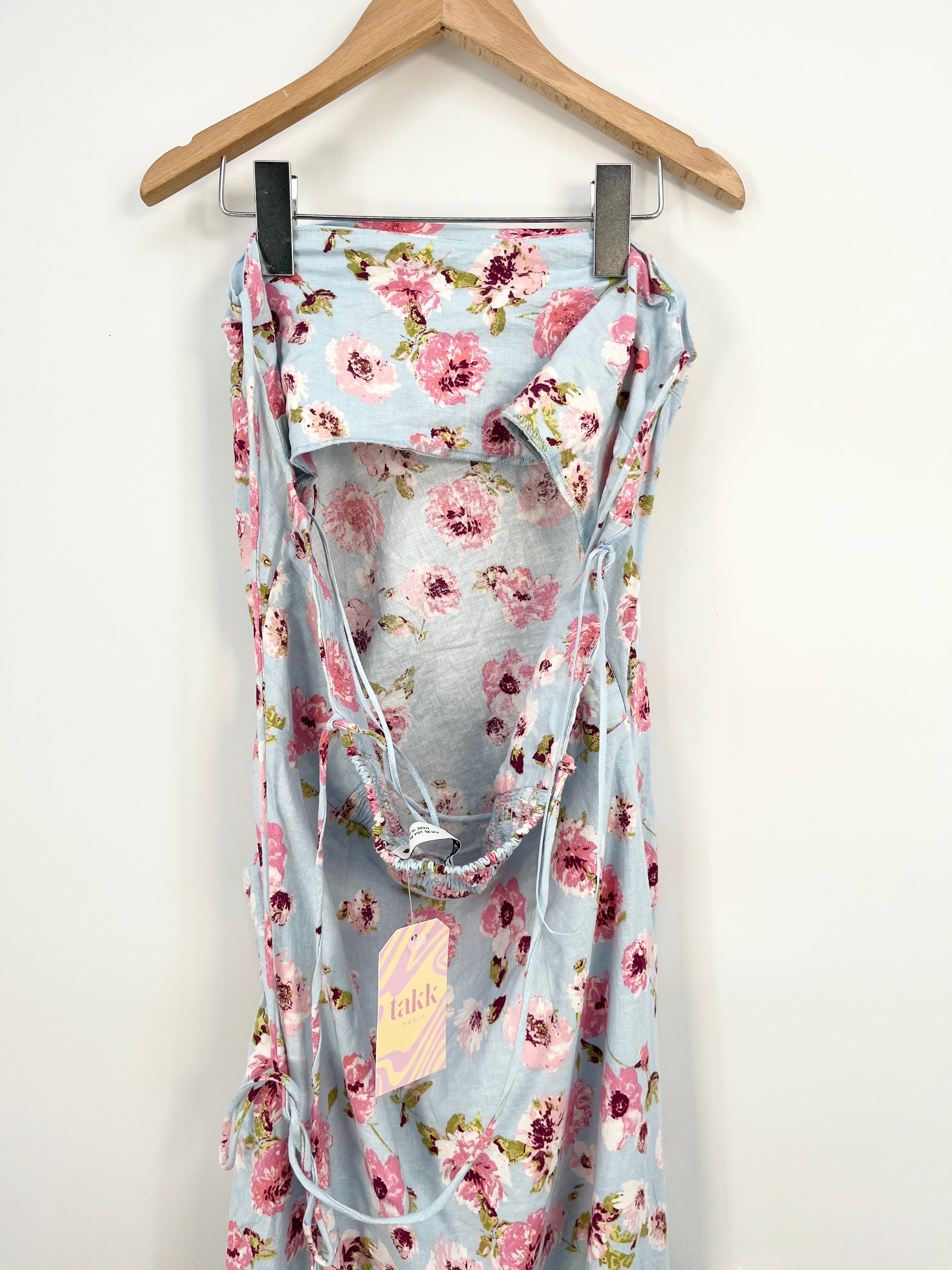 Zara - Robe bustier bleu ciel et fleurs roses froncées T.XL