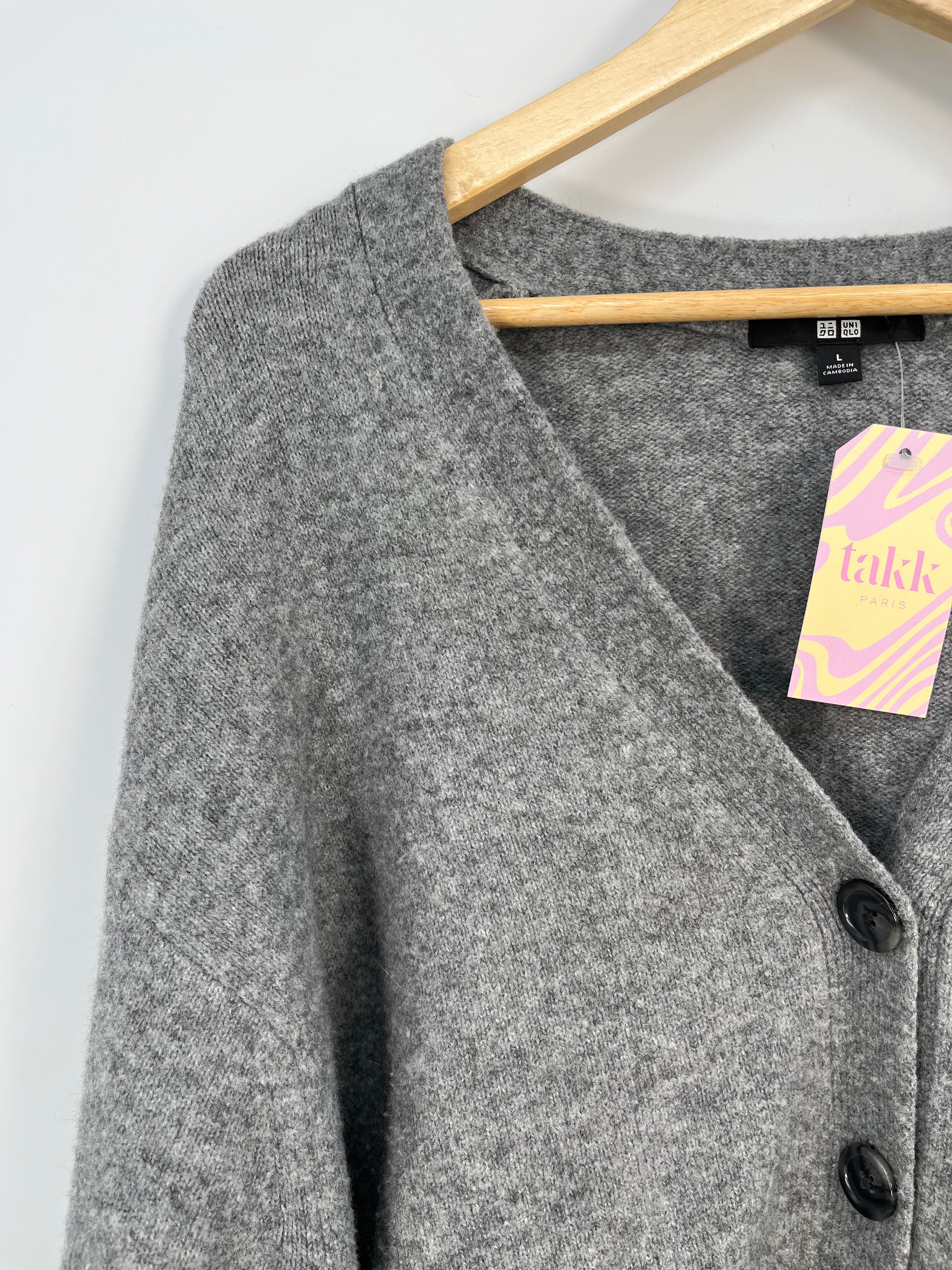 Uniqlo - Cardigan gris court 19% laine T.L