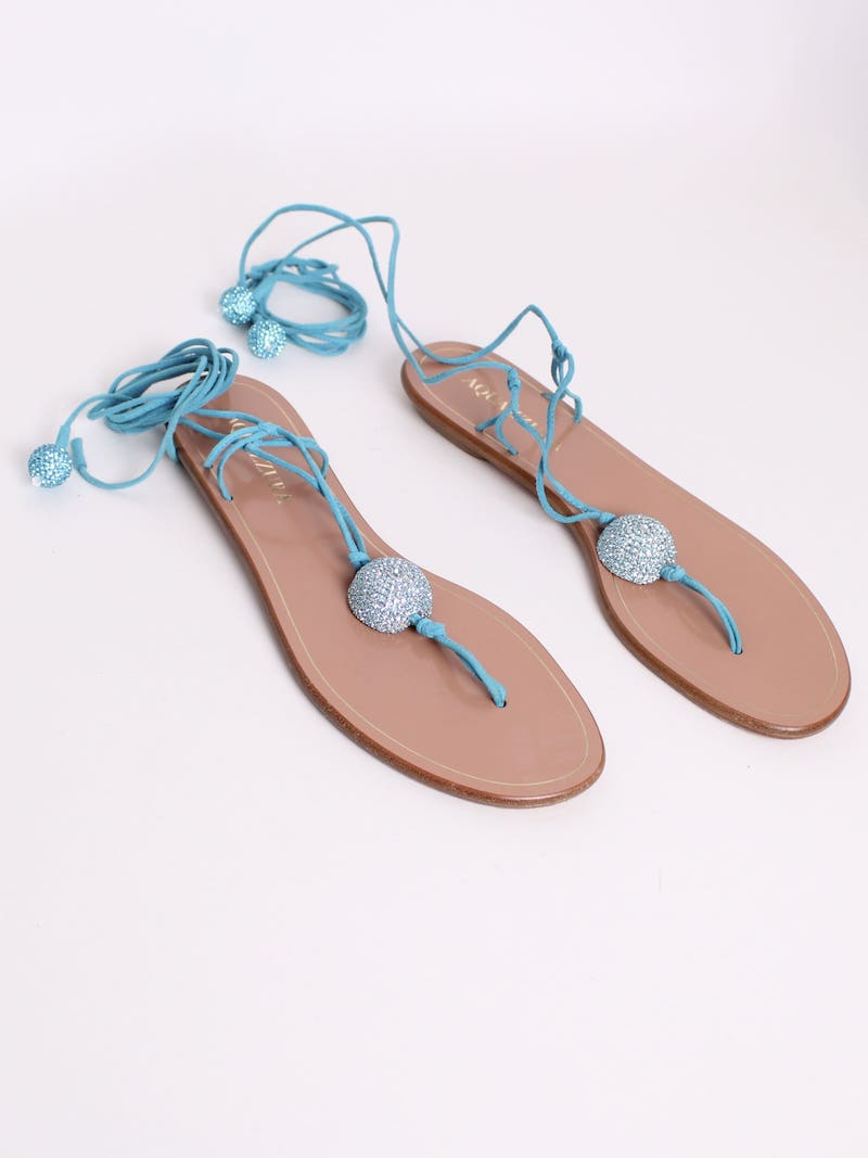 Aquazzura - Sandales plates cordelettes bleu turquoises T.40