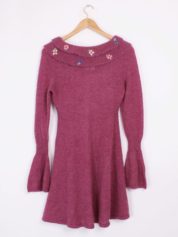 Yeye by B.Fleurs - Robe pull laine et mohair violet foncé à fleurs T.40